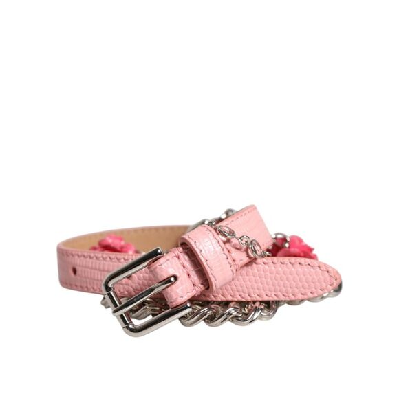 Dolce & Gabbana Pink Embelished Roses Textured Leather Women's Belt